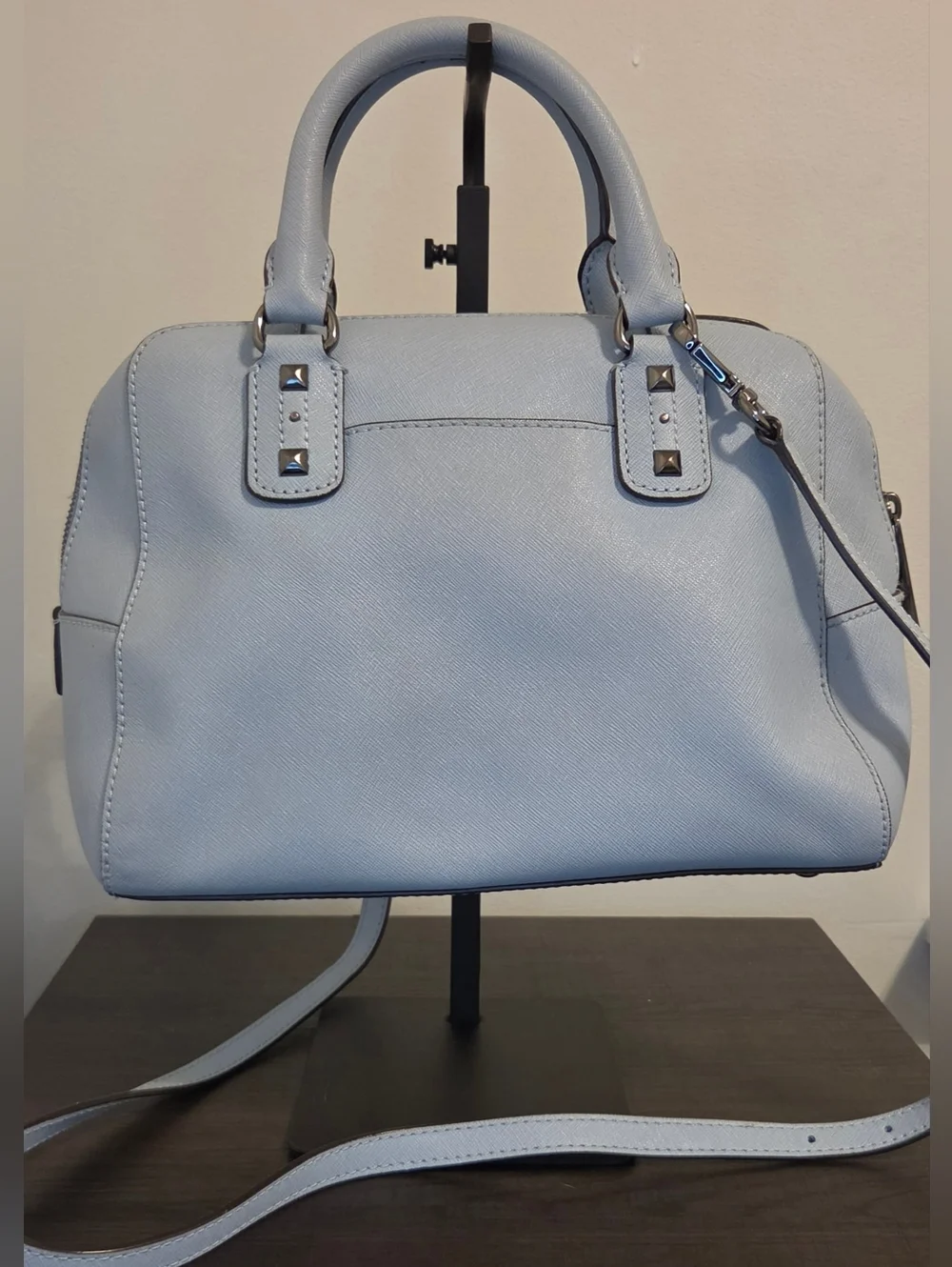 Michael Kors Studded Saffiano Leather Satchel Crossbody Light Blue Gunmetal